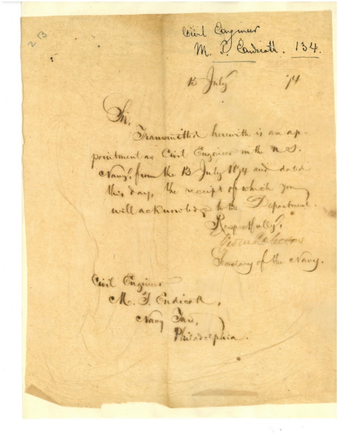 Rear Admiral Endicott’s Civil Engineer Appointment Letter, 15 July 1874 (transcription below)