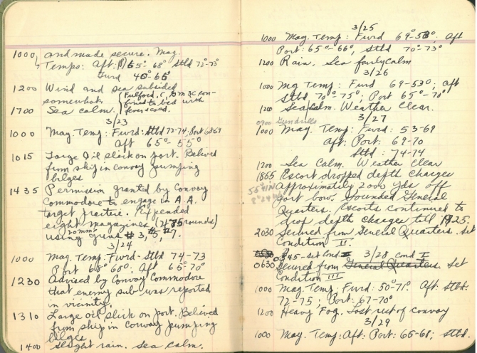 Log for S.S. Albert G. Brown, 22–29 March 1944. Transcription below.