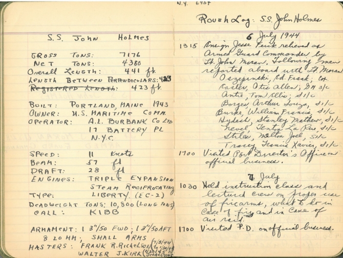 Log for S.S. John Holmes, 6–7 July 1944. Transcription below.