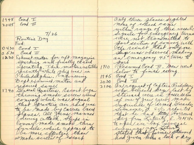 Log for S.S. John Holmes, 25–26 July 1944. Transcription below.