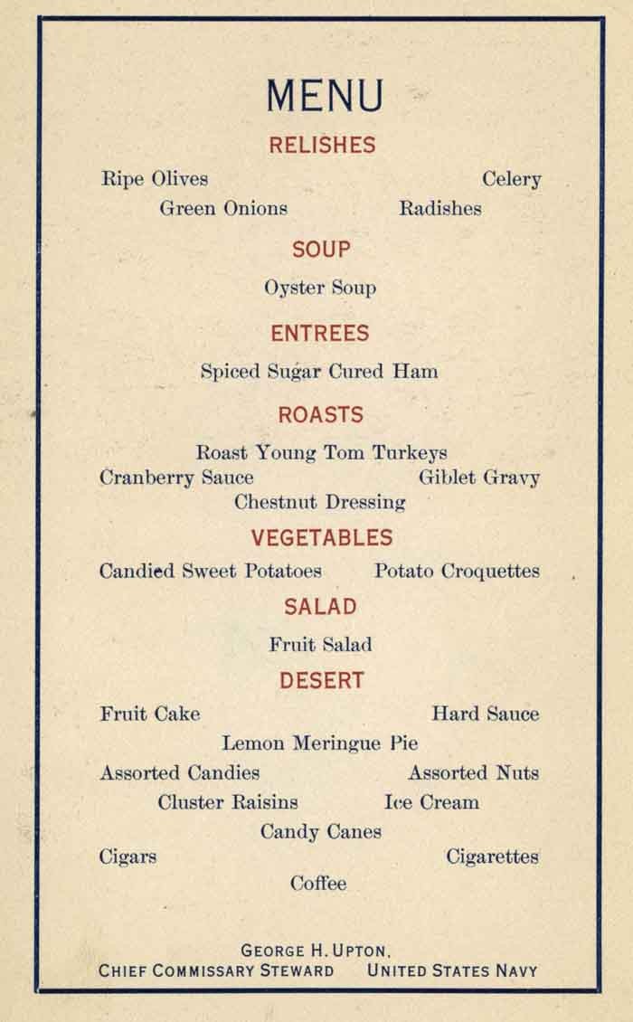 Menu - Relishes: Ripe olives, Celery, Green onions, Radishes; Soup: Oyster soup; Entrees: Spiced sugar cured ham; Roasts: Roast young Tom turkeys, Cranberry sauce, Giblet gravy, Chestnut dressing; Vegetables: Candied sweet potatoes, Poatato croqu...