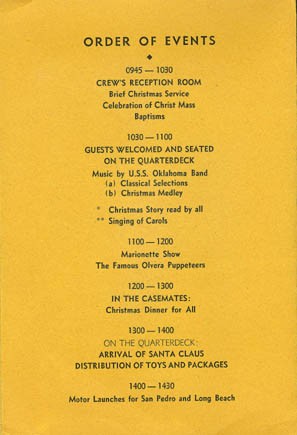 Order of Events - Children's Christmas Party On Board the United States Ship Oklahoma At Anchor in San Pedro Harbor, California, December 25, 1937.