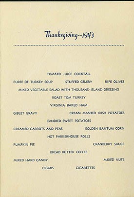 Menu - Thanksgiving Dinner, Thursday, November 25, 1943, U.S.S. Wake Island.