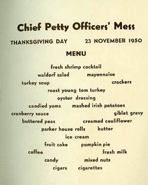 Chief Petty Officers' Menu - Thanksgiving Menu, U.S.S. Sperry, 1950.