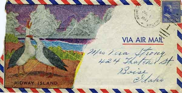Midway Island envelope with cachet of Gooney birds postmarked 2 July 1941