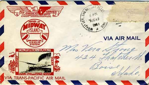 Pan American Airways Mailed at Midway Island envelope, post marked 12 August 1941