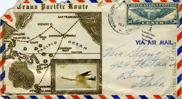Trans Pacific Route envelope with map and photo of seaplane, postmarked 4 August 1941