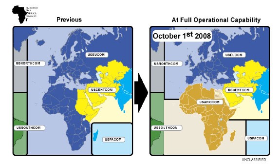 Two maps showing Africa, Middle Eat and Europe with the areas of responsibility for the Africa Command before and after 1 Otober 2008.