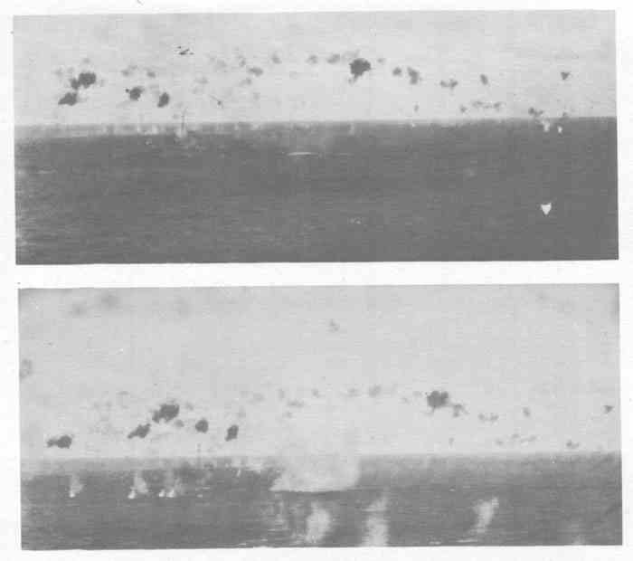Japanese suicide plane, under heavy fire, misses astern after turning on back to dive on DD of Task Group 77.4.2 during Lingayen operation.