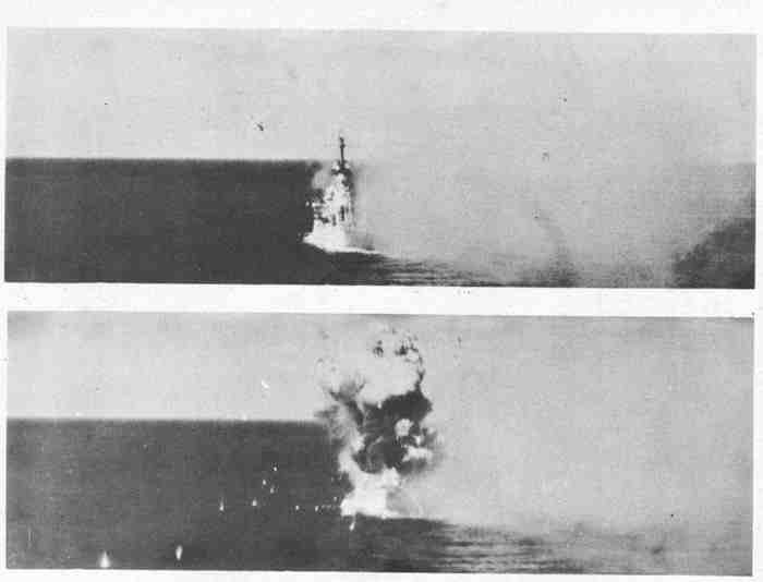 The Columbia (CL-56), just before and after being hit by Zeke on 6 January as seen from the Portland (CA-33).