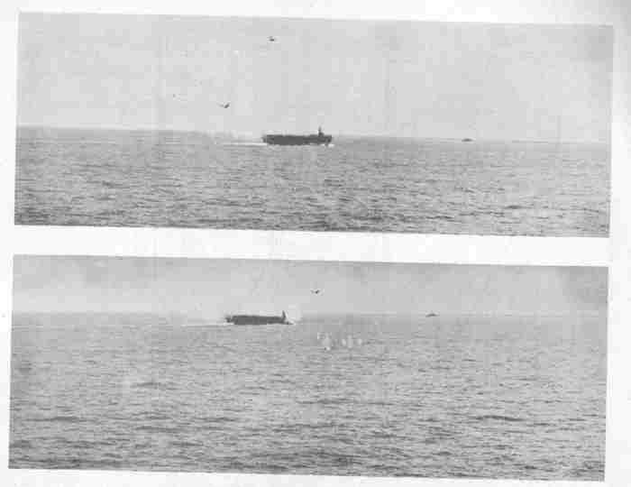 Zeke making suicide crash on the Suwanee (CVE-27) on 26 October. F6F in landing circle passes over ship.