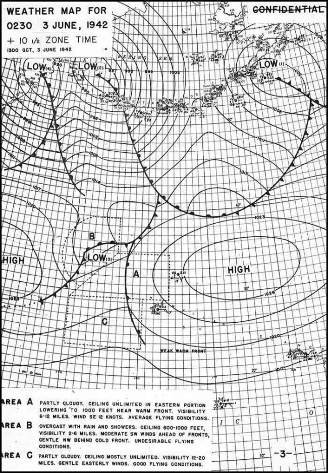 Midway weather map for 0230 3 June 1942 +10 1/2 zone time 1300 GCT, 3 June 1942 - (Area A - Partly cloudy. Ceiling unlimited in Eastern portion lowering to 1000 feet near warm front. Visibility 6-12 miles. Wind SE 12 knots. Average flying conditions.) (Area B - Overcast with rain and showers. Ceiling 600-1000 feet, visibility 2-6 miles. Moderate SW winds ahead of fronts, gentle NW behind cold front. Undesirable flying conditions.) (Area C - Partly cloudy. Ceiling mostly unlimited. Visibility 12-20 miles. Gentle Easterly winds. Good flying conditions.)