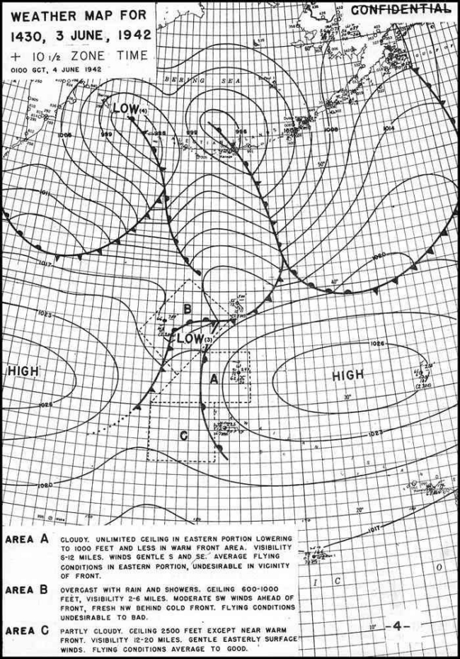 Midway weather map for 1430 3 June 1942 +10 1/2 zone time 0100 GCT, 4 June 1942 - (Area A - Cloudy. Unlimited ceiling in Eastern portion lowering to 1000 feet and less in warm front area. Visibility 6-12 miles. Winds gentle S and SE 12. Average flying conditions in Eastern portion, undesirable in vicinity of front.) (Area B - Overcast with rain and showers. Ceiling 600-1000 feet, visibility 2-6 miles. Moderate SW winds ahead of front. Flying conditions undesirable to bad.) (Area C - Partly cloudy. Ceiling 2500 feet. Gentle Easterly surface winds. Flying conditions average to good.)