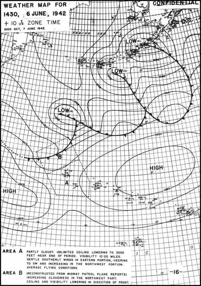 Midway weather map for 1430 6 June 1942 +10 1/2 zone time 0100 GCT, 7 June 1942 - (Area A - Partly cloudy. Unlimited ceiling lowering to 3000 feet near end of period. Visibility 12-20 miles. Gentle Southerly Winds in East portion, veering to SW and increasing in the Northwest portion. Average flying conditions.) (Area B - (Reconstructed from Midway patrol plane reports) Increasing cloudiness in the Northwest part. Ceiling and visibility lowering in direction of front.