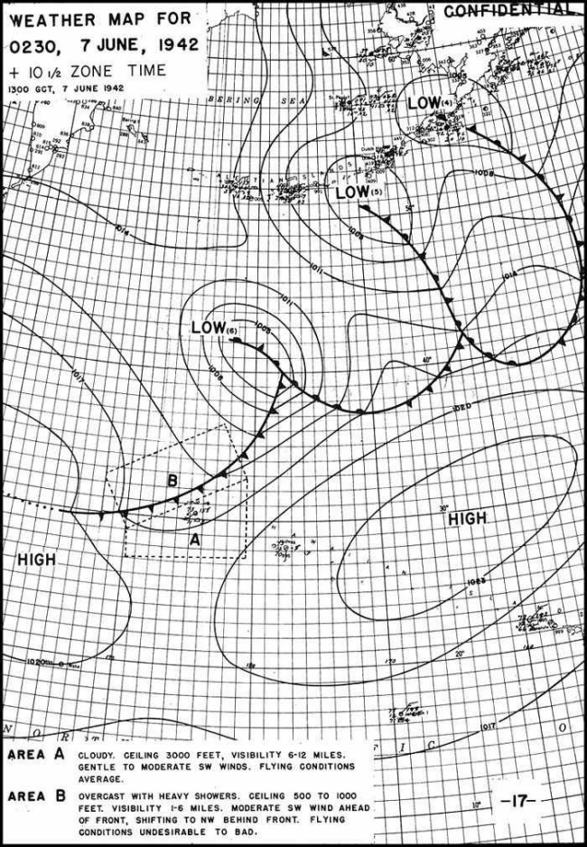 Midway weather map for 0230 7 June 1942 +10 1/2 zone time 1300 GCT, 7 June 1942 - (Area A - Cloudy. Ceiling 3000 feet, visibility 6-12 miles. Gentle to moderate SW Winds. Flying conditions average.) (Area B - Overcast with heavy showers. Ceiling 500 to 1000 feet. Visibility 1-6 miles. Moderate SW wind ahead of front, shifting to NW behind front. Flying conditions undesirable to bad.
