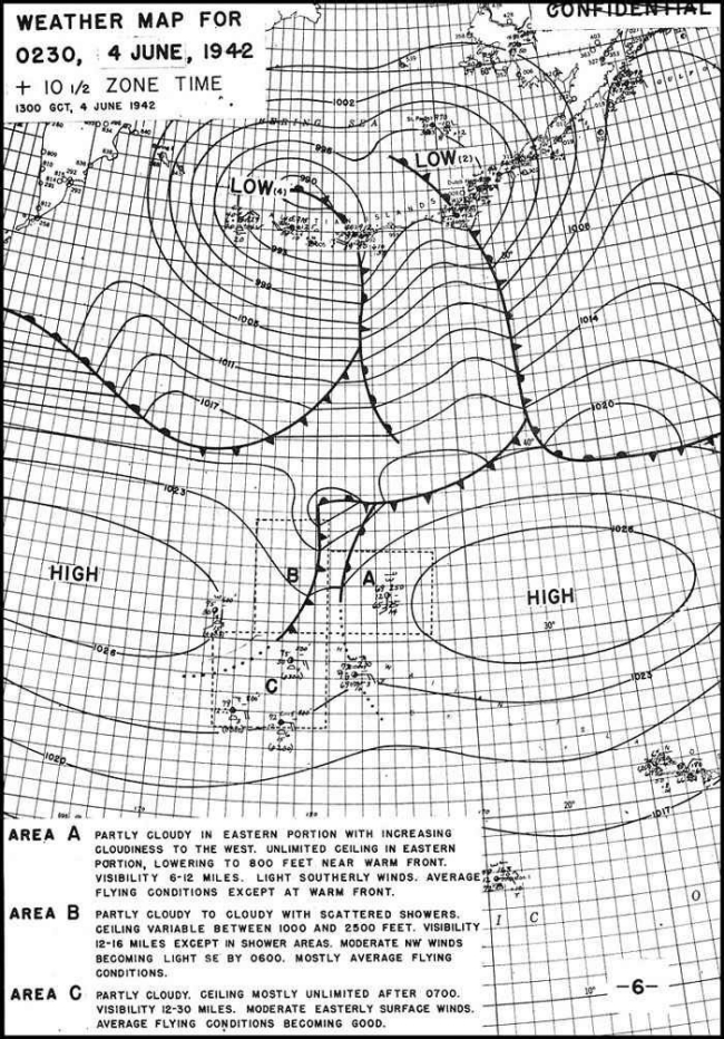 Midway weather map for 0230 4 June 1942 +10 1/2 zone time 1300 GCT, 4 June 1942 - (Area A - Partly cloudy in Eastern portion with increasing cloudiness to the West. Unlimited ceiling in Eastern portion, lowering to 800 feet near warm front. Visibility 6-12 miles. Light Southerly Winds. Average flying conditions except at warm front.) (Area B - Partly cloudy to cloudy with scattered showers. Ceiling variable between 1000 and 2500 feet. Visibility 12-16 miles except in shower areas. Moderate NW winds becoming light SE by 0600. Mostly average flying conditions.) (Area C - Partly cloudy. Ceiling mostly unlimited after 0700. Visibility 12-30 miles. Moderate Easterly surface winds. Average flying conditions becoming good.)
