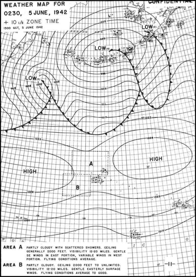Weather Map for 0230, 5 June, 1942. Midway weather map for 0230 5 June 1942 +10 1/2 zone time 1300 GCT, 5 June 1942 - (Area A - Partly cloudy with scattered showers. Ceiling generally 2000 feet. Visibility 12-20 miles. Gentle SE Winds in East portion. Variable winds in West portion. Flying conditions average.) (Area B - Partly cloudy. Ceiling 2000 feet to unlimited. Visibility 12-20 miles. Gentle Easterly surface winds. Flying conditions average to good.)