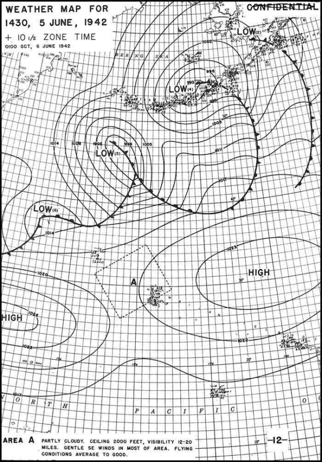  Midway weather map for 1430 5 June 1942 +10 1/2 zone time 0100 GCT, 6 June 1942 - (Area A - Partly cloudy. Ceiling 2000 feet, visibility 12-20 miles. Gentle SE Winds in most of area. Flying conditions average to good.)