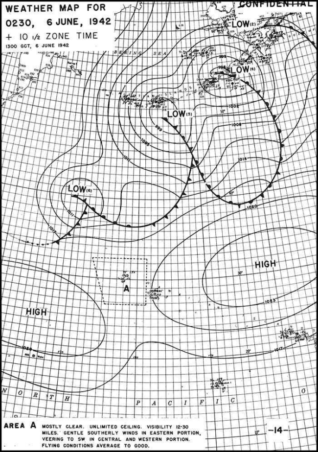 Midway weather map for 0230 6 June 1942 +10 1/2 zone time 1300 GCT, 6 June 1942 - (Area A - Mostly clear. Unlimited ceiling. Visibility 12-30 miles. Gentle Southerly Winds in Eastern portion, veering to SW in Central and Western portion. Flying conditions average to good.)