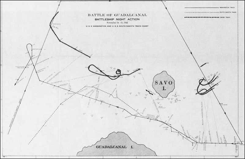 Chart: Battle of Guadalcanal, Battleship Night Action: November 14-15, 1942. USS WASHINGTON and SOUTH DAKOTA track chart.