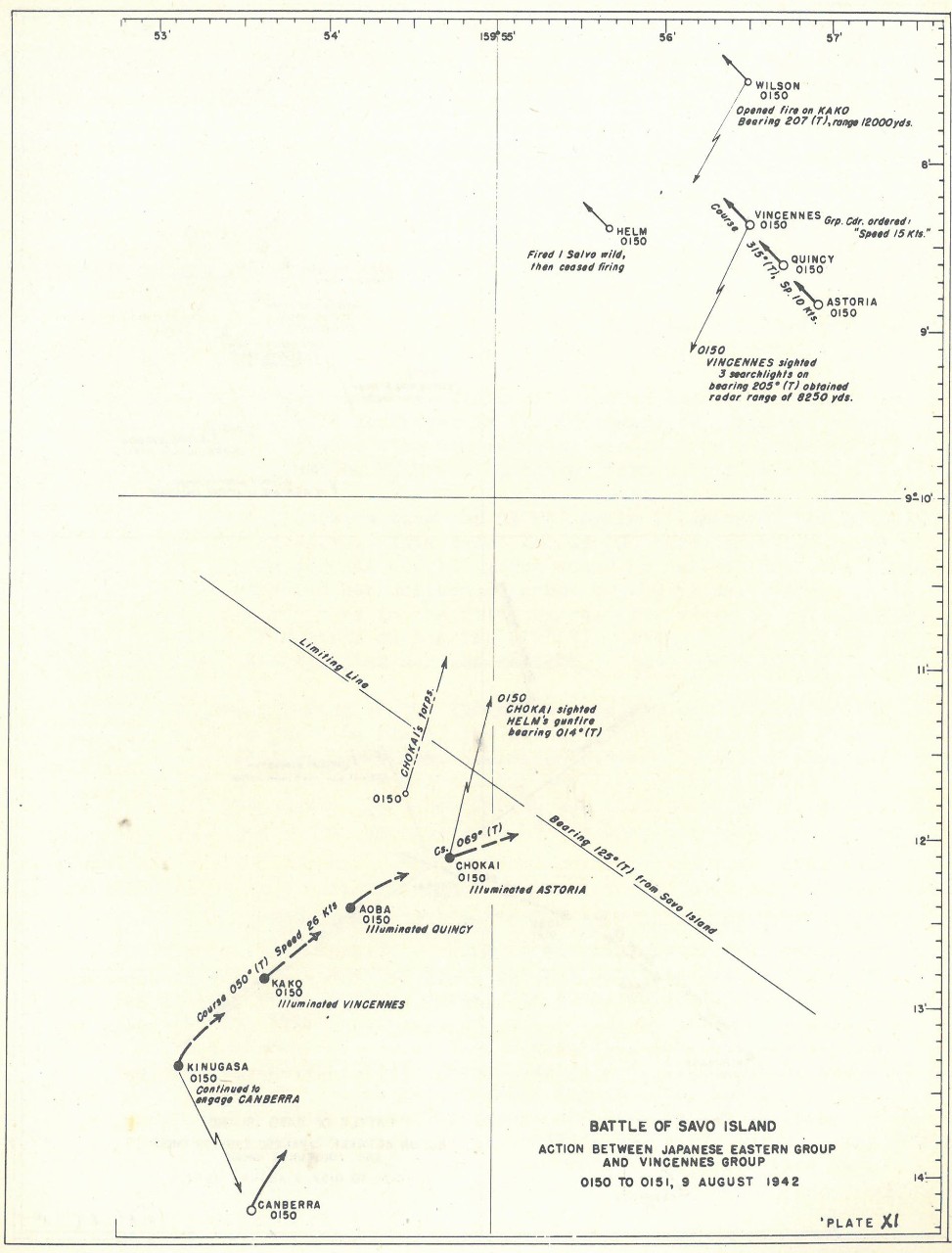 Plate 11: Battle of Savo Island, Action Between Japanese Eastern Group and Vincennes Group, 0150 to 0151, 9 August 1942 - chart - The Battle of Savo Island August 9, 1942 Strategical and Tactical Analysis