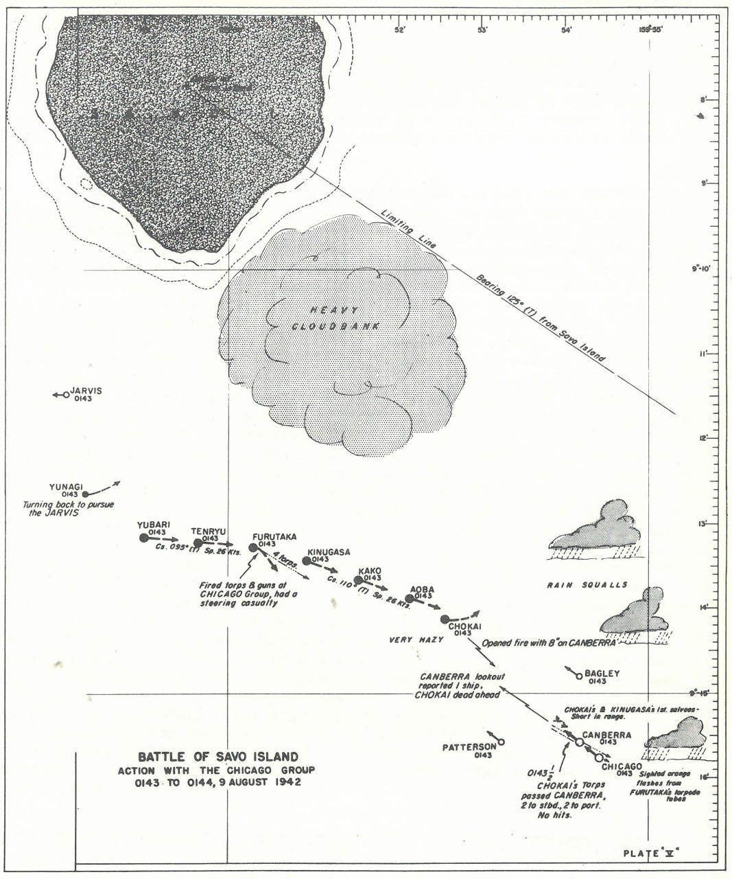 Plate 5: Battle of Savo Island, Action with the CHICAGO Group, 0143 to 0144, 9 August 1942 - chart - The Battle of Savo Island August 9, 1942 Strategical and Tactical Analysis