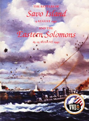 The Battle of the Eastern Solomons oil, by John Hamilton. If the American naval forces and in particular the carriers could be destroyed, then Guadalcanal would fall. At the Battle of the Eastern Solomons, Japanese aircraft tried to sink USS Enterprise, seen here with her escort of cruisers and destroyers. 