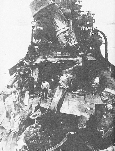 Image of destroyer Newcomb damaged by suicide attacks.