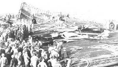 Image of damage to the flight deck of Sangamon.