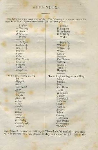 Spencer's list of possible mutineers (Greek: left column/English: right column)