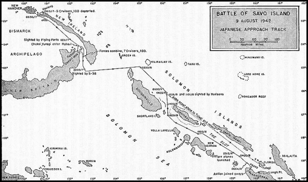 Map showing Admiral Mikawa's Path Towards Savo Island