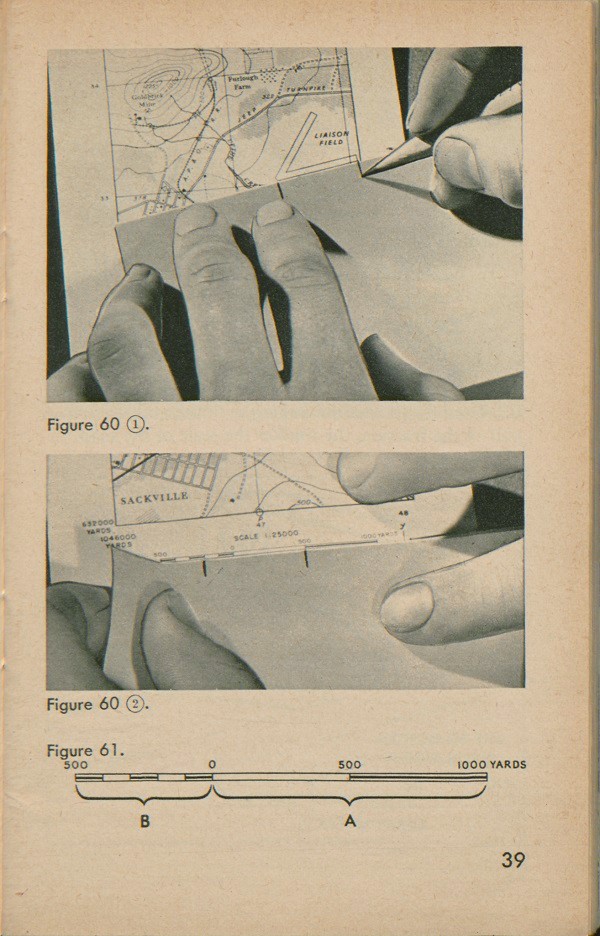 Figure 60: A person using a piece of paper to mark the length of Liaison Field on a map of Sackville and vicinity and then using the scale on the map to measure the marks on the paper. Figure 61: A scale on a map. one end going from 500 to 0 and the other end from 0 to 1000 Yards