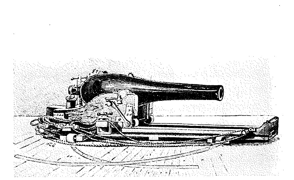 Figure 4.-Early naval gun. Note the systems employed for handling recoil, counterecoil, elevation, and train.
