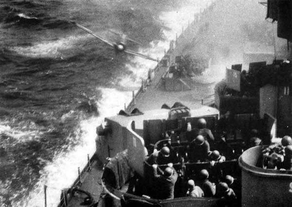 A Japanese "Zeke" attempts to crash into the deck of Missouri (BB 63)