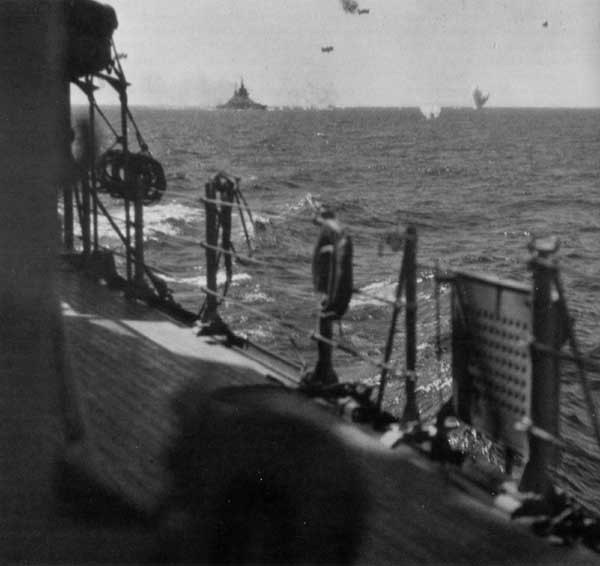 The Idaho splashes a kamikaze off Okinawa on 12 April 1945