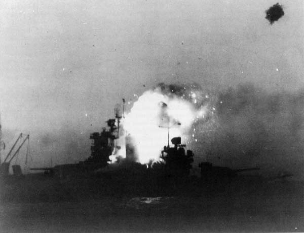 New Mexico (BB 40) is hit by a kamikaze off Okinawa