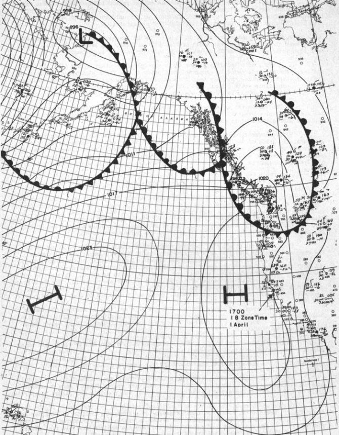 Weather Map - 0100 GCT, 2 April 1942.