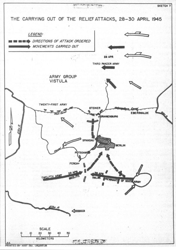 Sketch 7: The Carrying Out of the Relief Attacks, 28-30 April 1945. Shows directions of attack ordered and movements carried out.