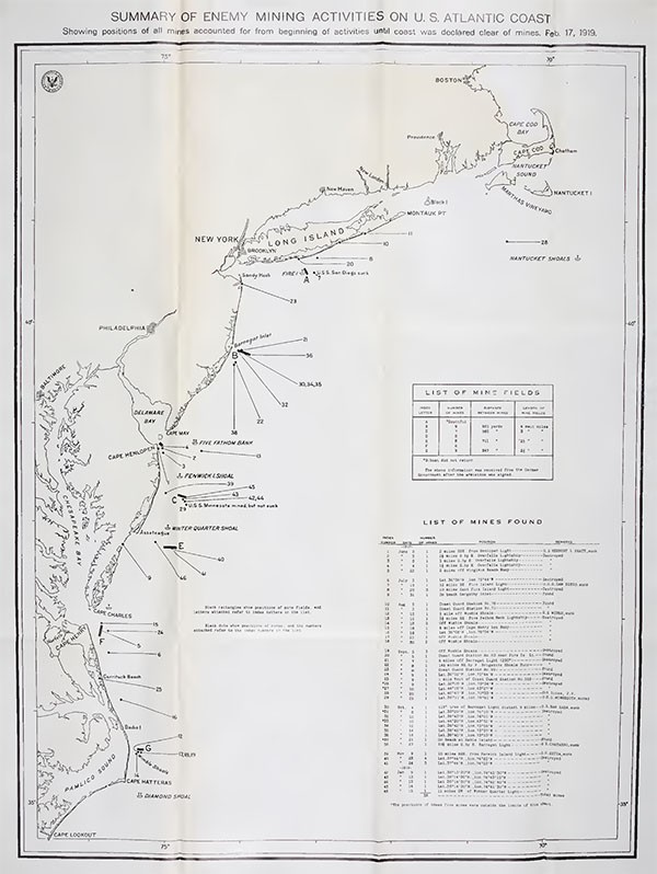 Chart No. 2 Summary of Enemy Mining Activities on United States Atlantic Coast.