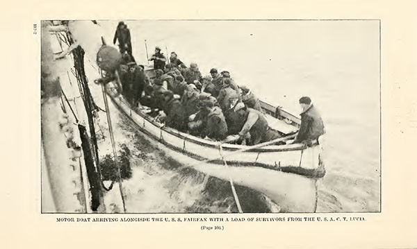 MOTOR BOAT ARRIVING ALONGSIDE THE U. S. S. FAIRFAX WITH A LOAD OF SURVIVORS FROM THE U. S. A. C. T. LUCIA.
