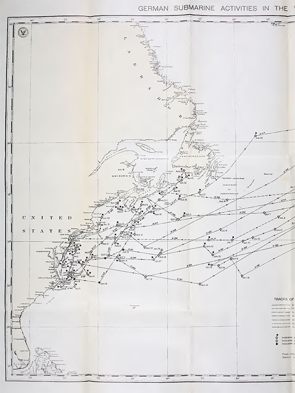 Chart No. 1 German Submarine Activities in the Western Atlantic Ocean, 1918. [left half]