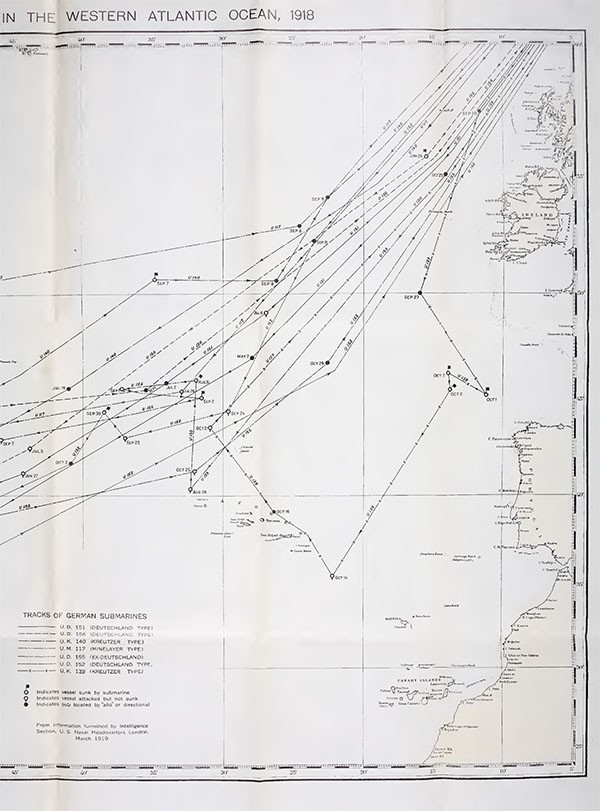 Chart No. 1 German Submarine Activities in the Western Atlantic Ocean, 1918. [right half]