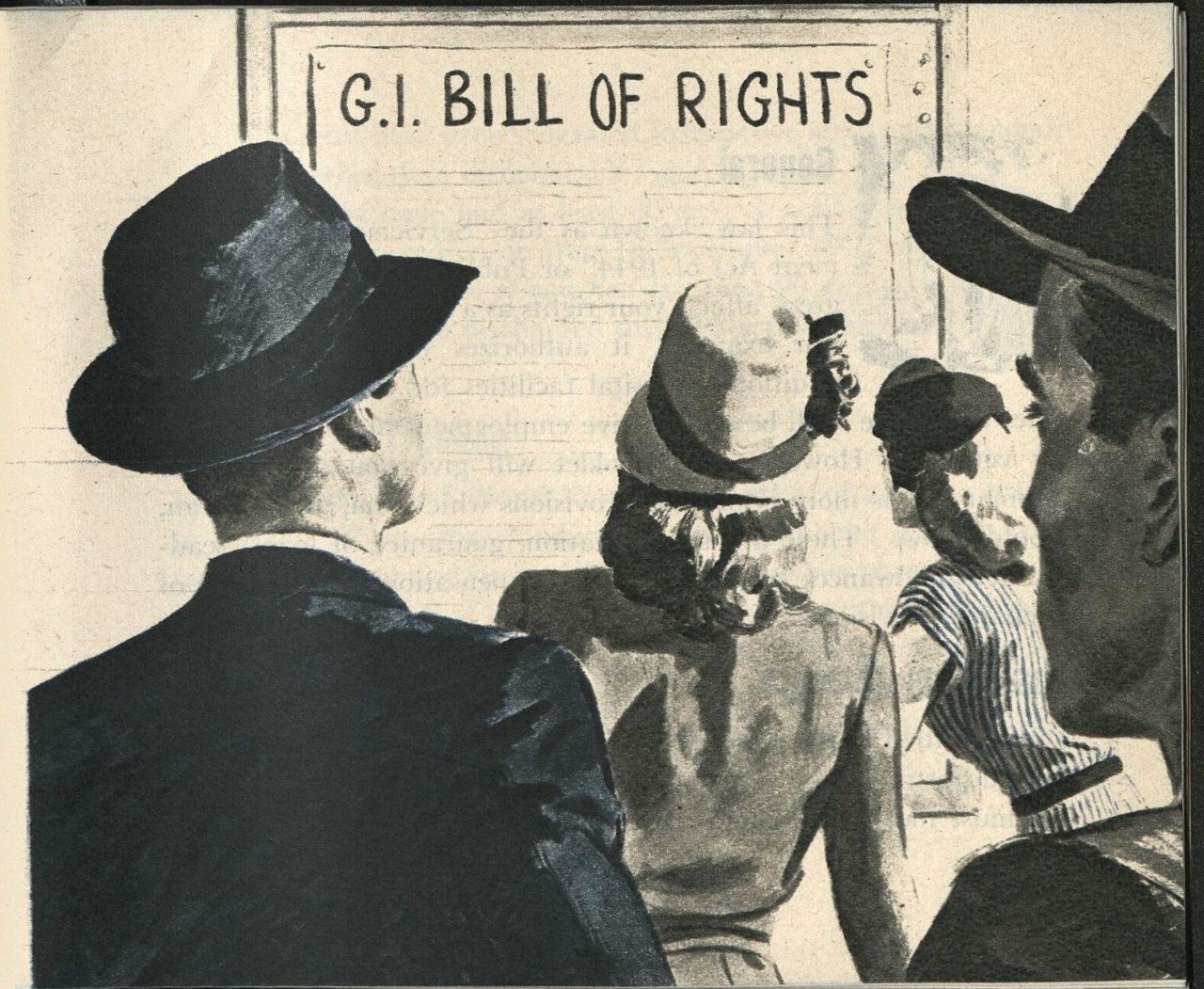 Drawing of men and women looking at a poster titled GI BILL of RIGHTS