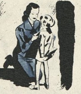 Drawing depicting a mother kneeling down and adjusting the coat of her child - the child is holding a book behind her back
