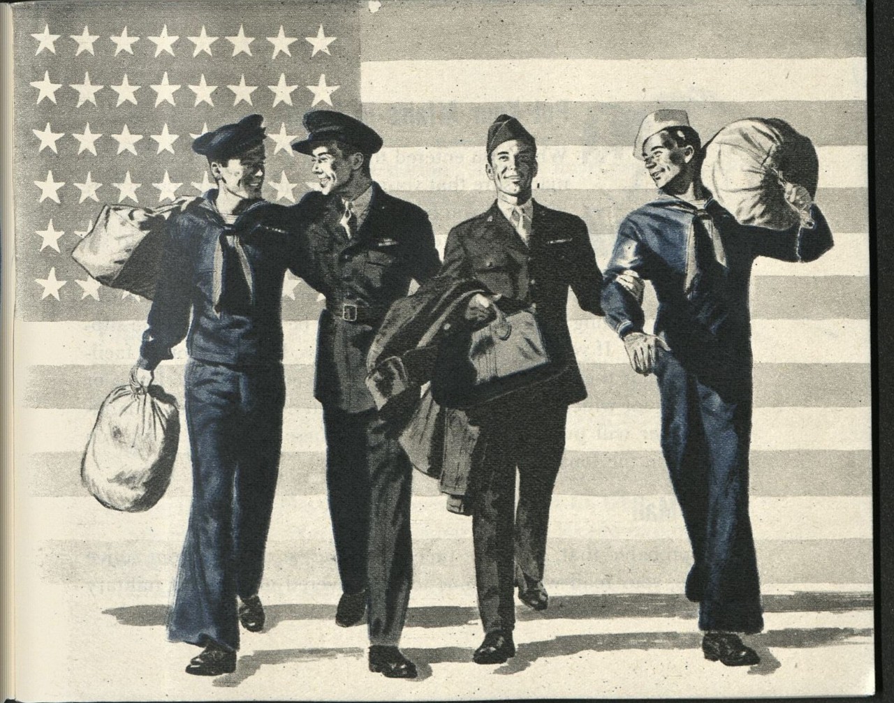 Photo showing four men walking with bags and the American Flag in the background - men representing the Armed Forces returning home at the end of World War II.