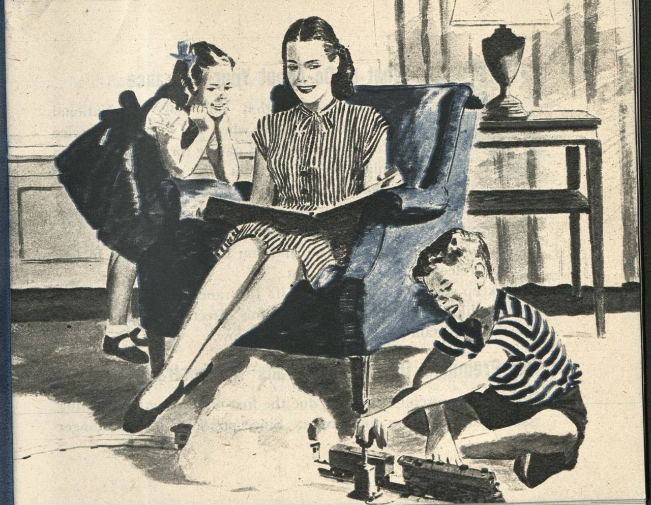 Drawing of mother sitting in a chair reading a book to her children