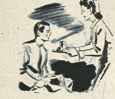 Drawing of a nurse bringing a tray to a veteran