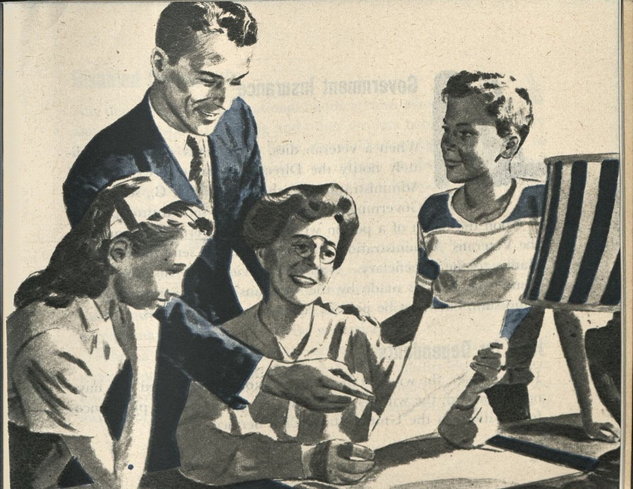 Drawing of a family - a man, woman, boy and girl reading a paper that the woman is holding up