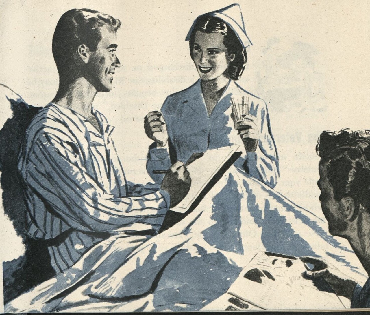 Drawing a veteran sitting up in his hospital bed holding a pad and pen conversing with a nurse - another man is shown seated with a magazine.