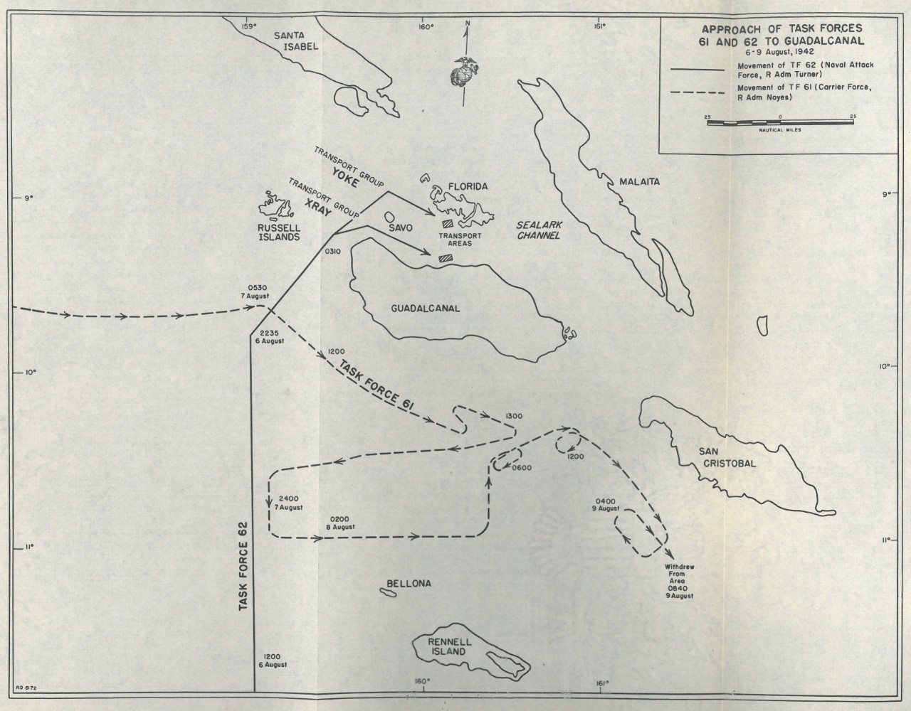 Map 2: Approach of Task Forces 61 & 62 to Guadalcanal 
